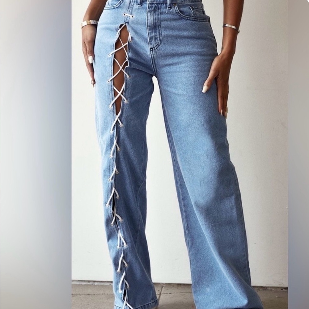 PrettyLittleThing Light Blue Lace-Up Split Boot Cut Jeans